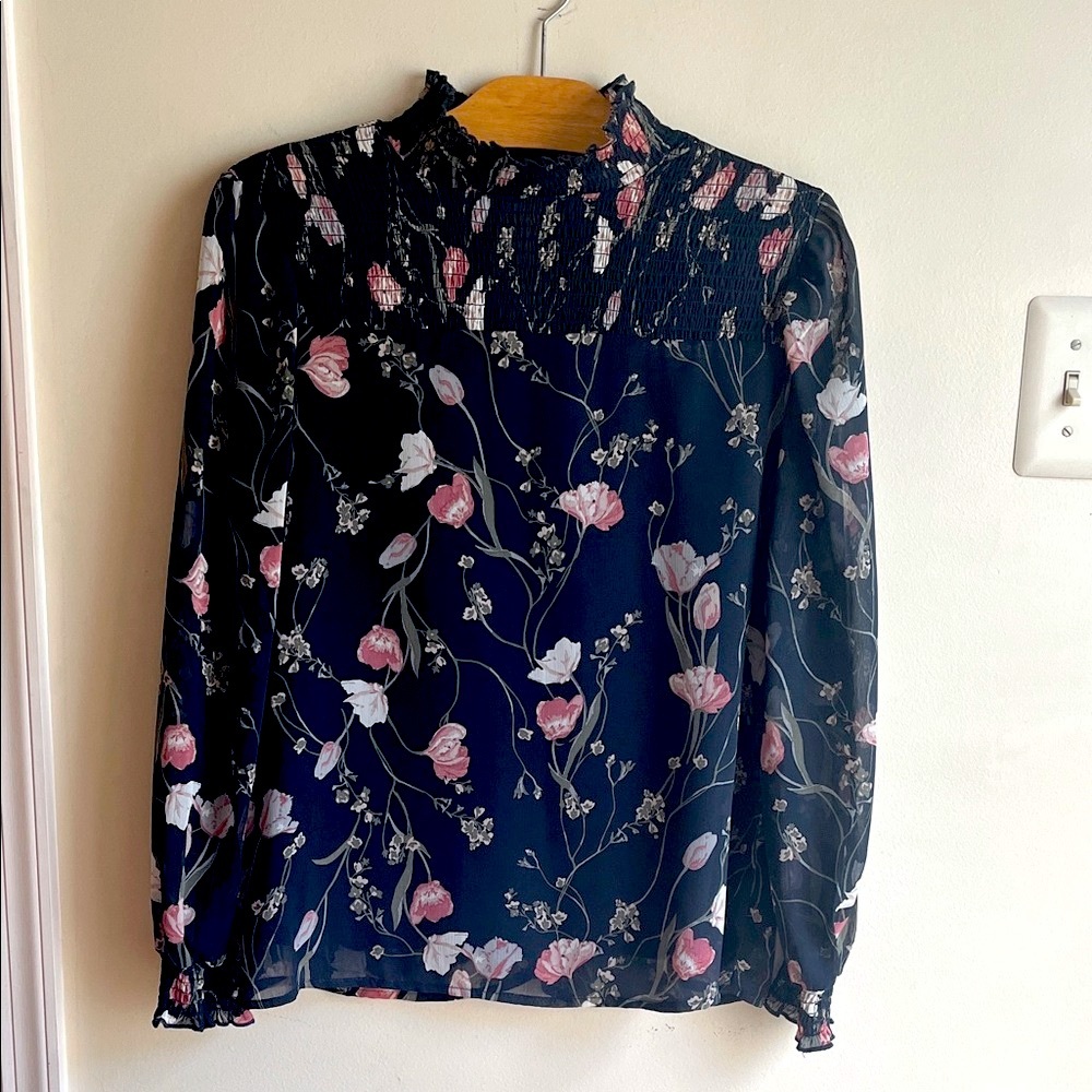 miami Black Floral Long Sleeve Blouse with Pink and White Flowers